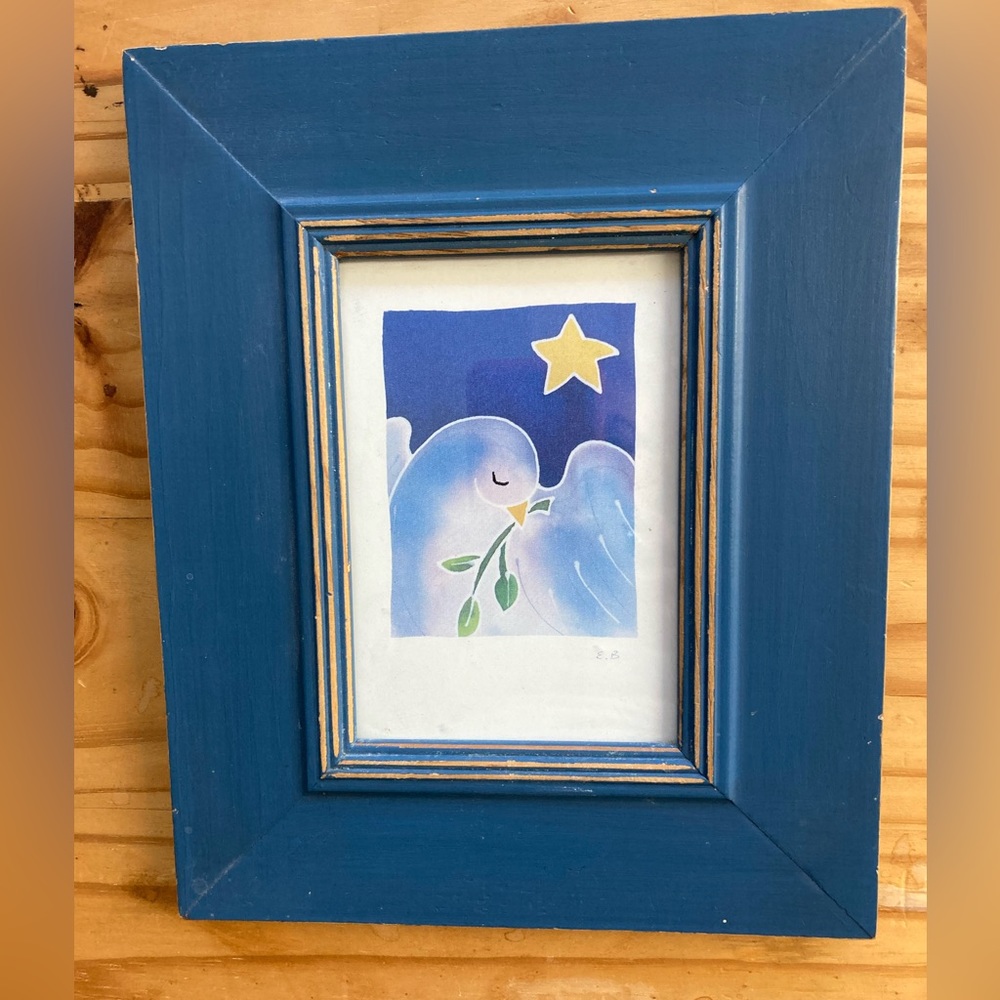Beautiful Peace Dove Framed Card 10x8” Blue Wood Frame